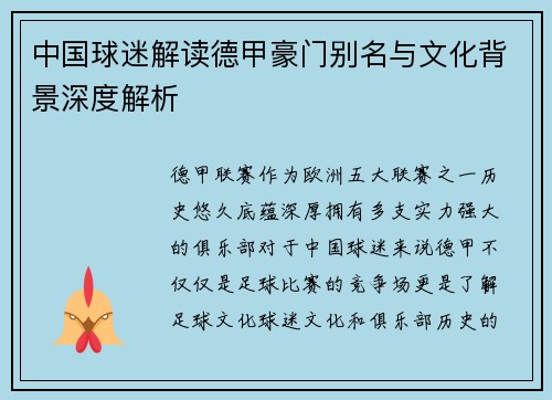 中国球迷解读德甲豪门别名与文化背景深度解析