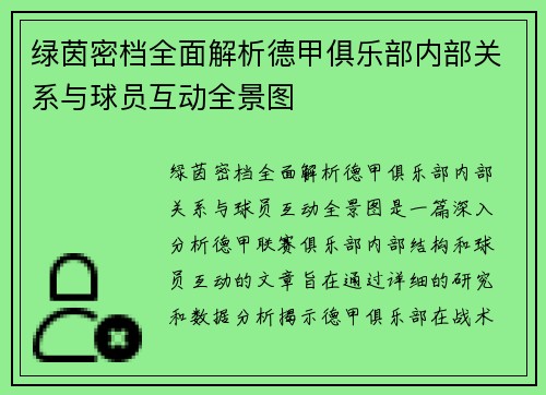 绿茵密档全面解析德甲俱乐部内部关系与球员互动全景图